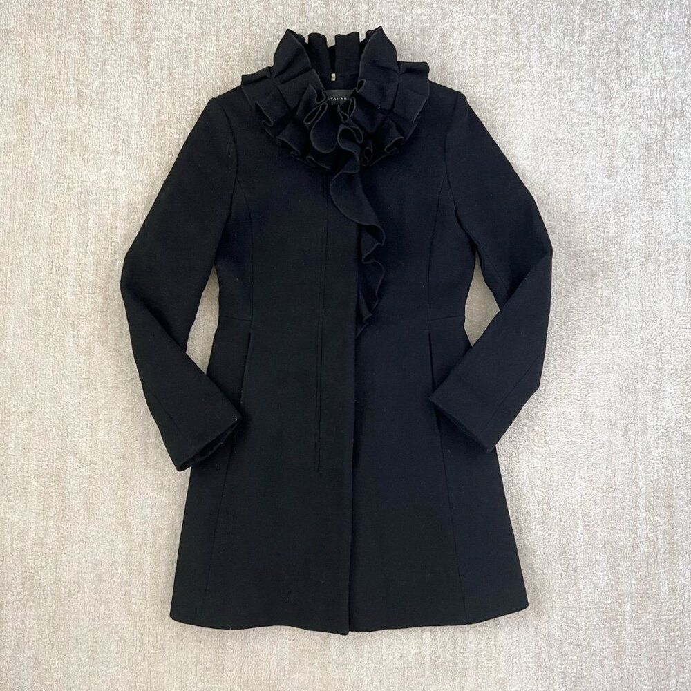Elie Tahari Black Wool Ruffle Long Pea Coat 4